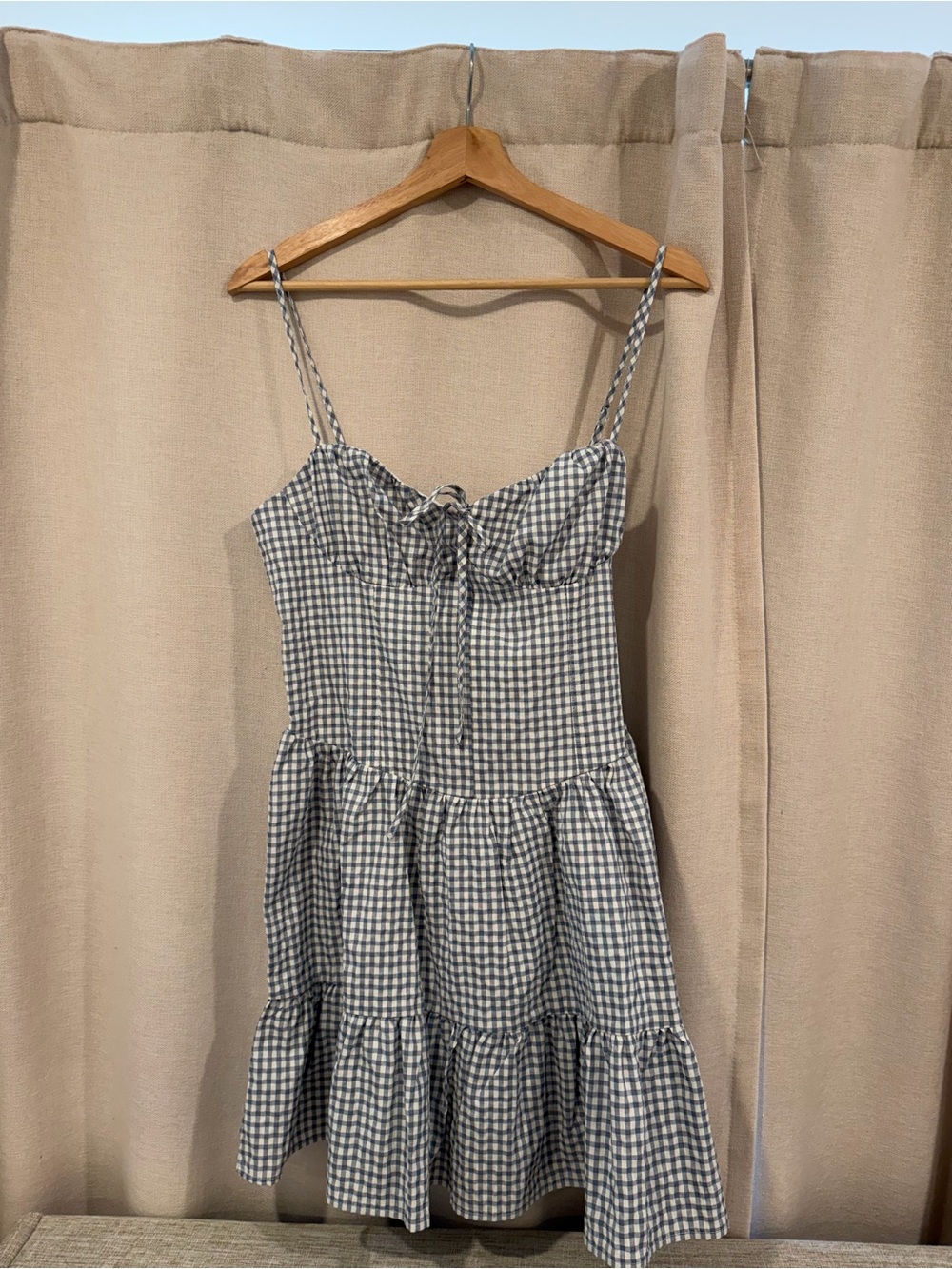 RSQ Blue and White Gingham Tie-Front Tiered Mini Dress